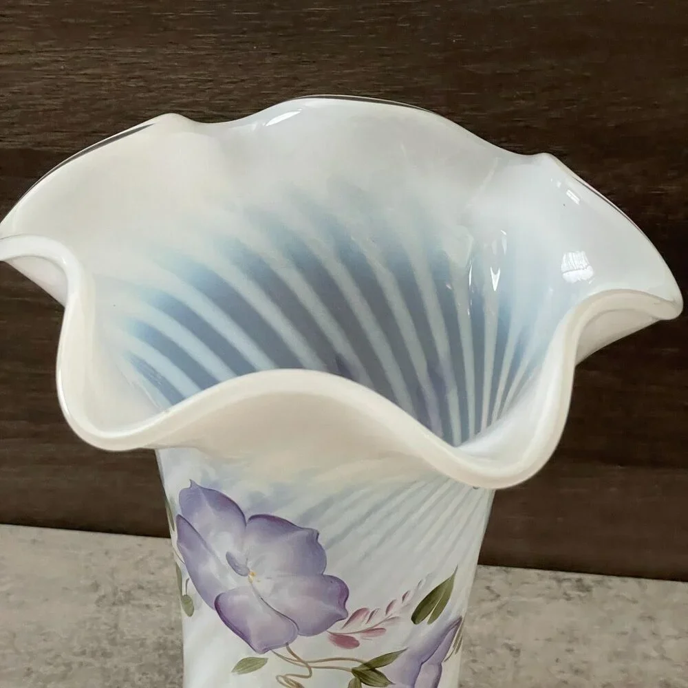 Vintage Fenton Heirloom Optic Glass Hand Painted Purple Flower Signed Vase 8